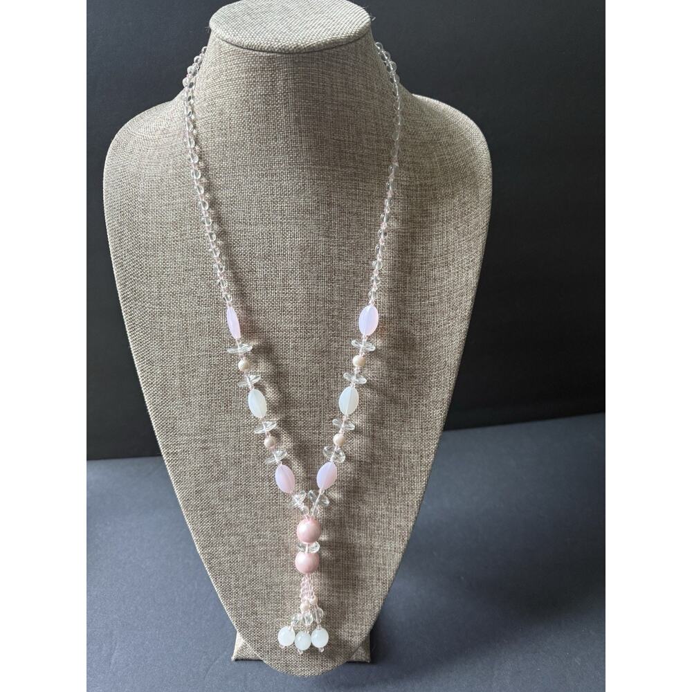 Pink Glass Long Beaded Tassel Necklace 32” Boho Coquette Fairycore Cocktail